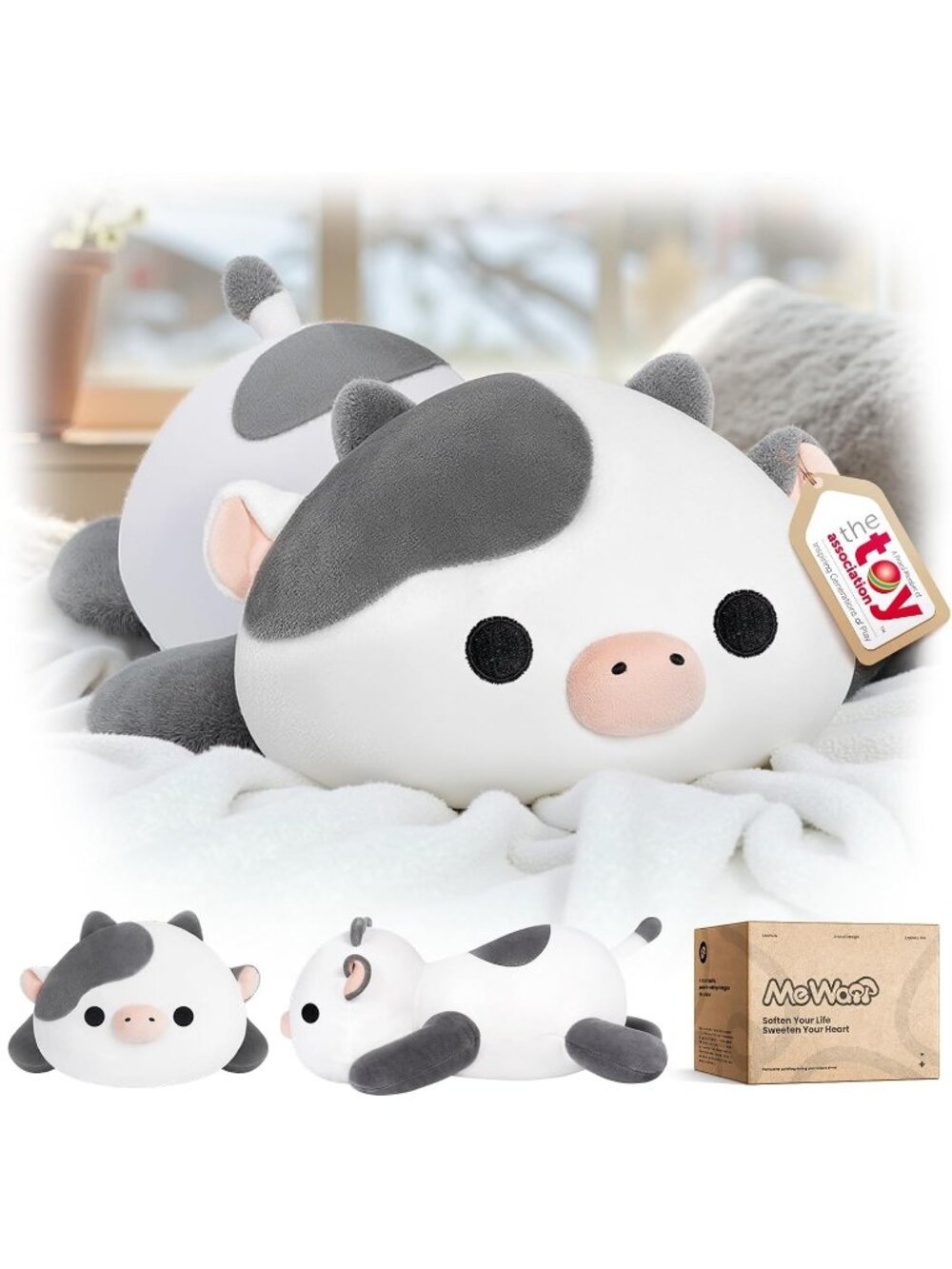 Grey Cow Plush Pillow 13" Cute Squishy Huggable Stuffed Animal Desk Decor